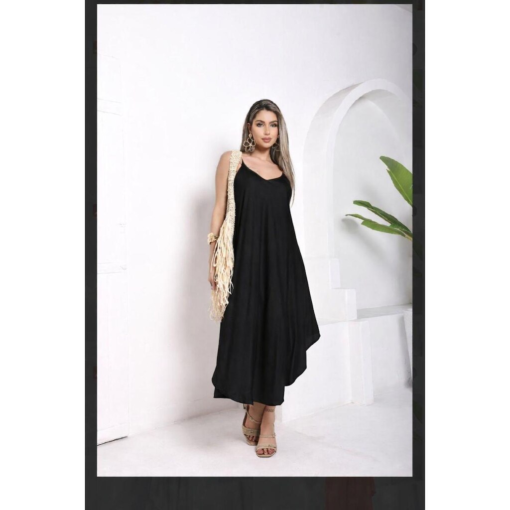 Vestido Midi Indiano Trapézio Estampa Lisa