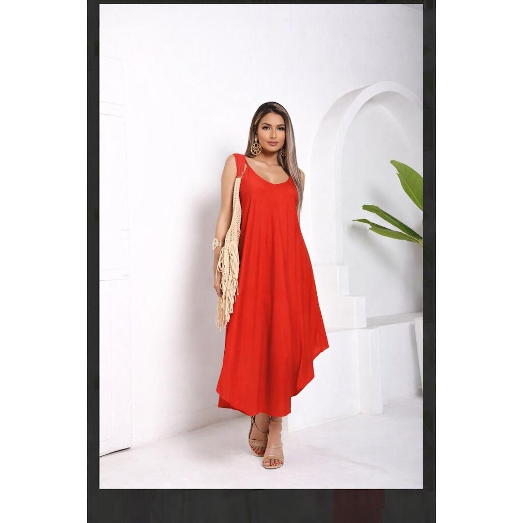 Vestido Midi Indiano Trapézio Estampa Lisa