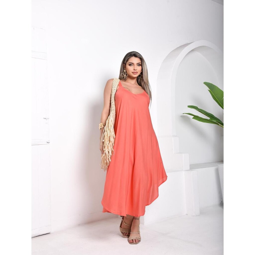 Vestido Midi Indiano Trapézio Estampa Lisa