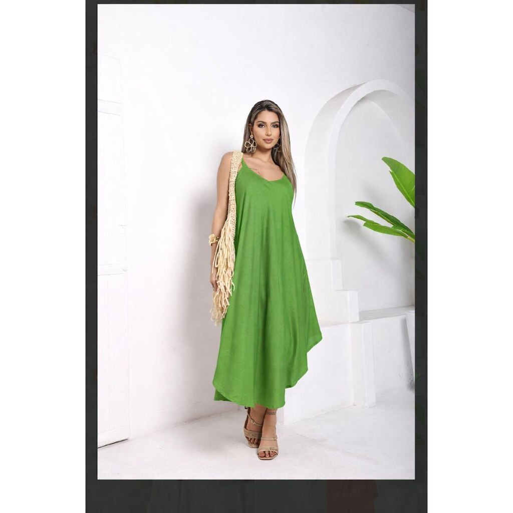 Vestido Midi Indiano Trapézio Estampa Lisa