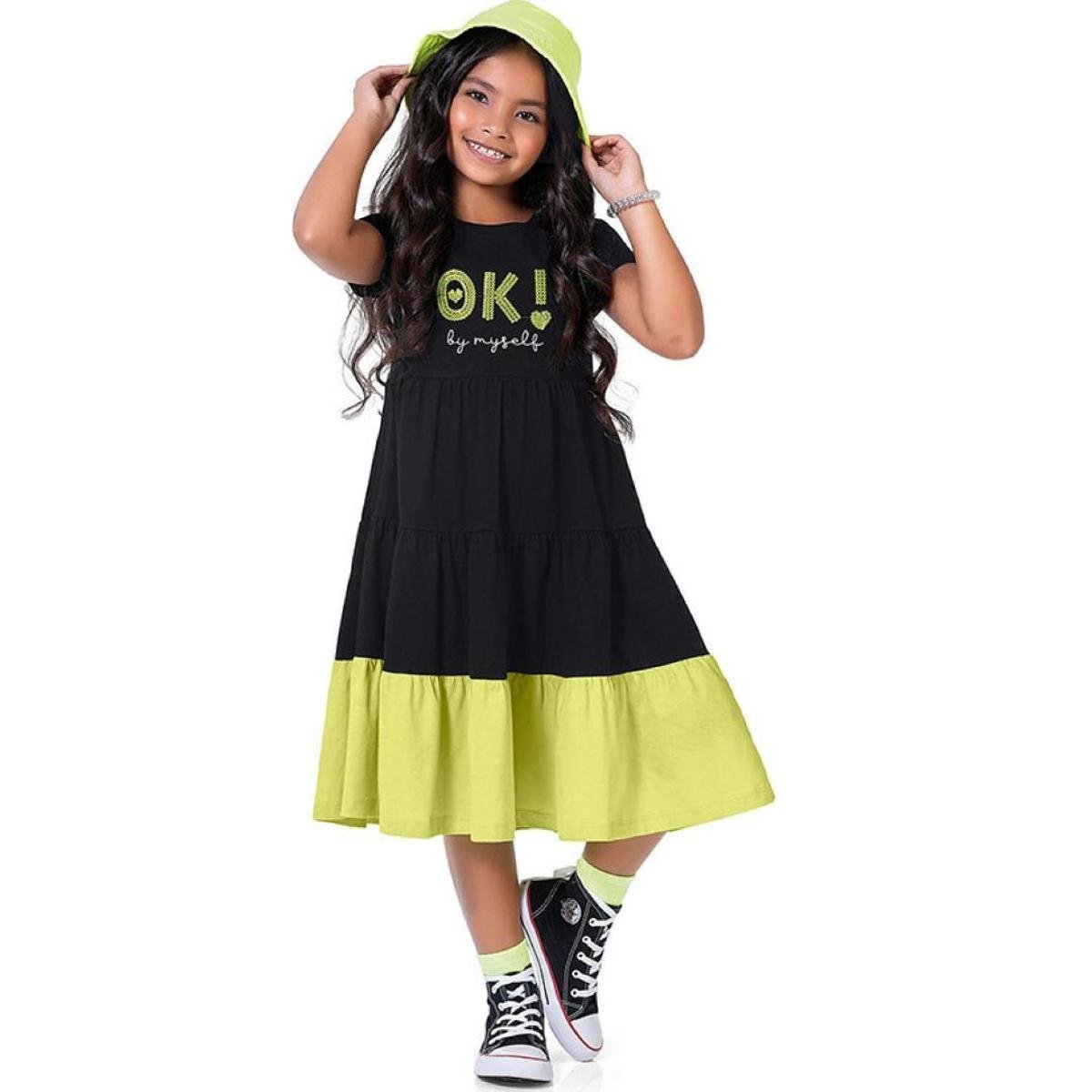 Vestido Midi Infantil Manga Curta Preto Tam 4 a 10 - Fakini - Preto Menor preço em Vestido Midi Infantil Manga Curta Preto Tam 4 a 10 - Fakini - Preto