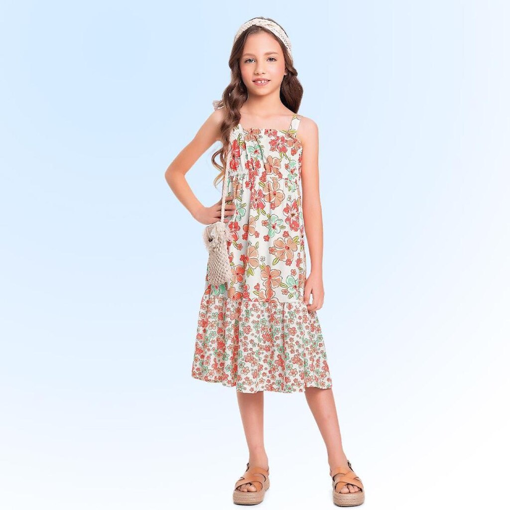 Vestido Midi Infantil Verão Flores Tam 4 a 10 - Fakini
