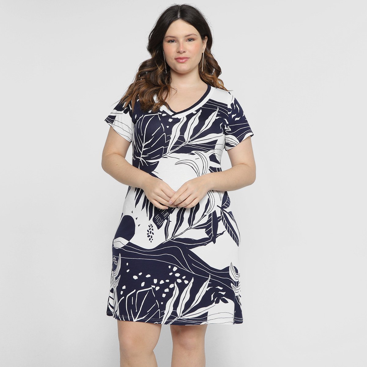 Vestido Midi Lunender Plus Size Decote V - Marinho Menor preço em Vestido Midi Lunender Plus Size Decote V - Marinho