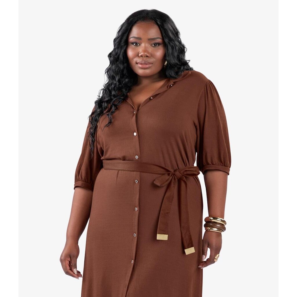 Vestido Midi Manga 3/4 Plus Size Secret Glam Marrom