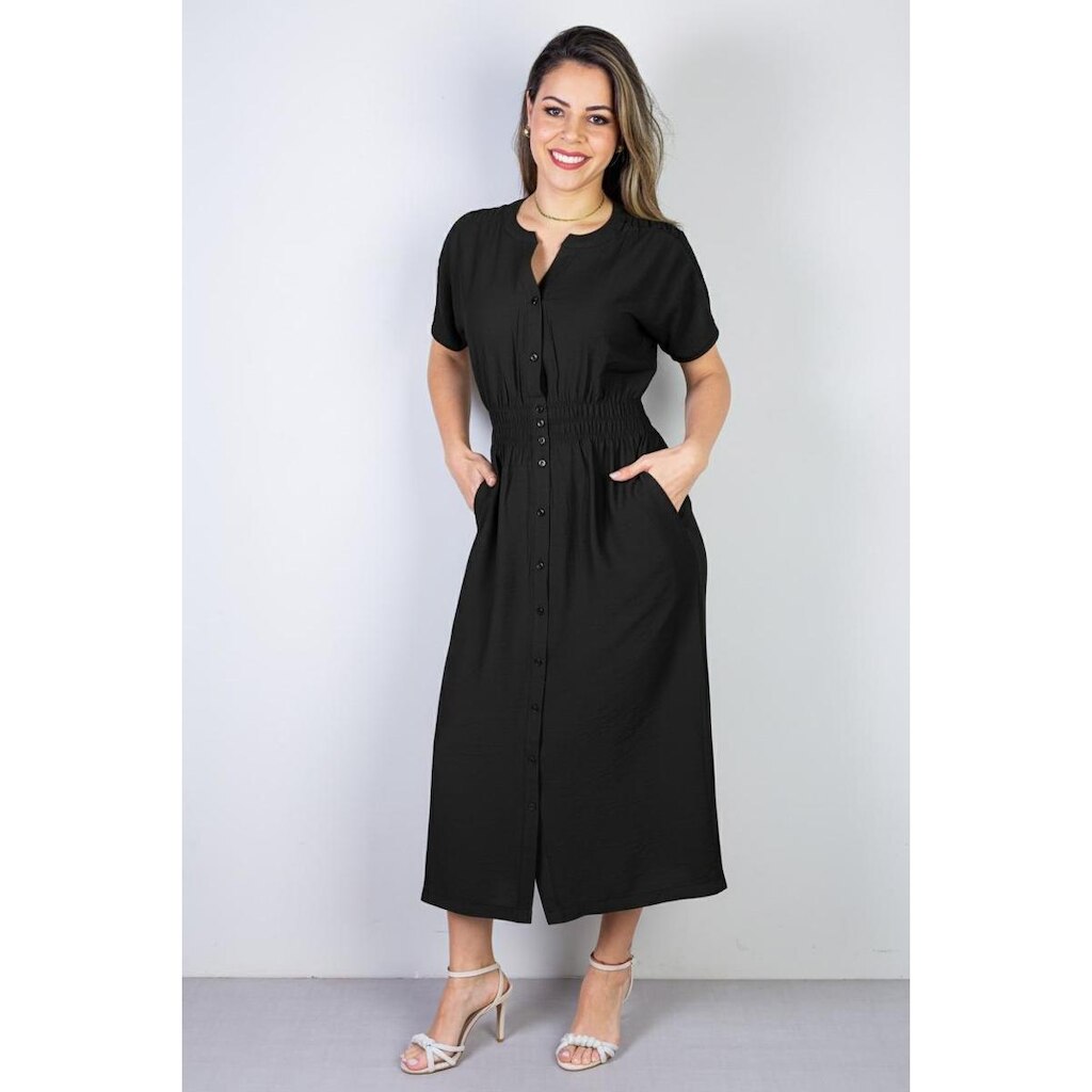 Vestido midi manga curta botões e elástico 51133