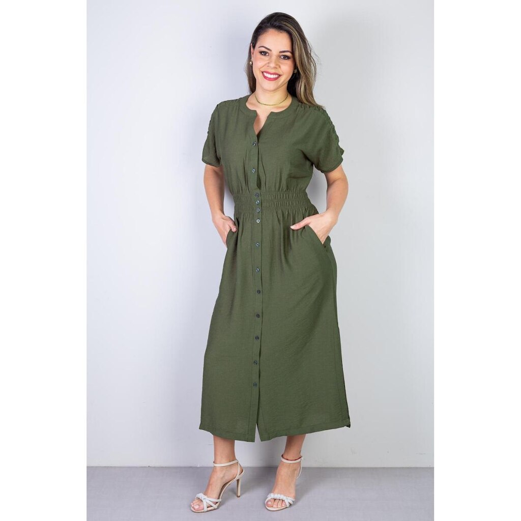 Vestido midi manga curta botões e elástico 51133
