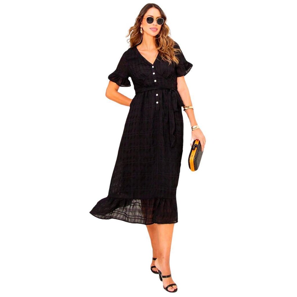 VESTIDO MIDI MANGA CURTA EM ALGODÃO TEXTURIZADO COM FORRO ELEGANTE