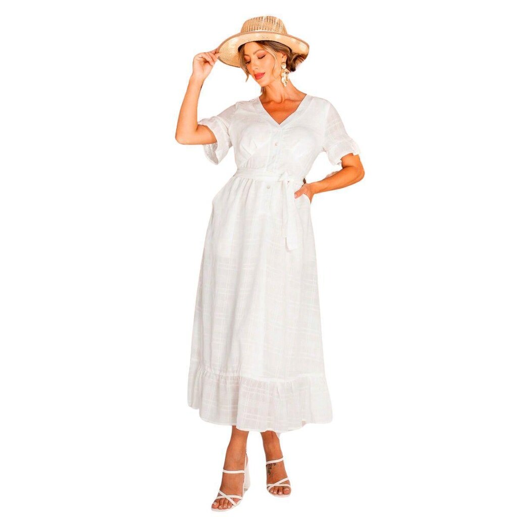 VESTIDO MIDI MANGA CURTA EM ALGODÃO TEXTURIZADO COM FORRO ELEGANTE