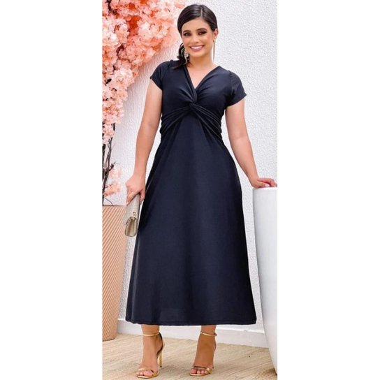 Vestido Midi Manga Curta Traçado Casual Festa Moda Evangélic Zattini