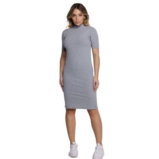 Vestido Midi Manga Curta Vekyo Gola Alta Canelado Roupa Feminina Cor:;Tamanho:G;Gênero:Feminino