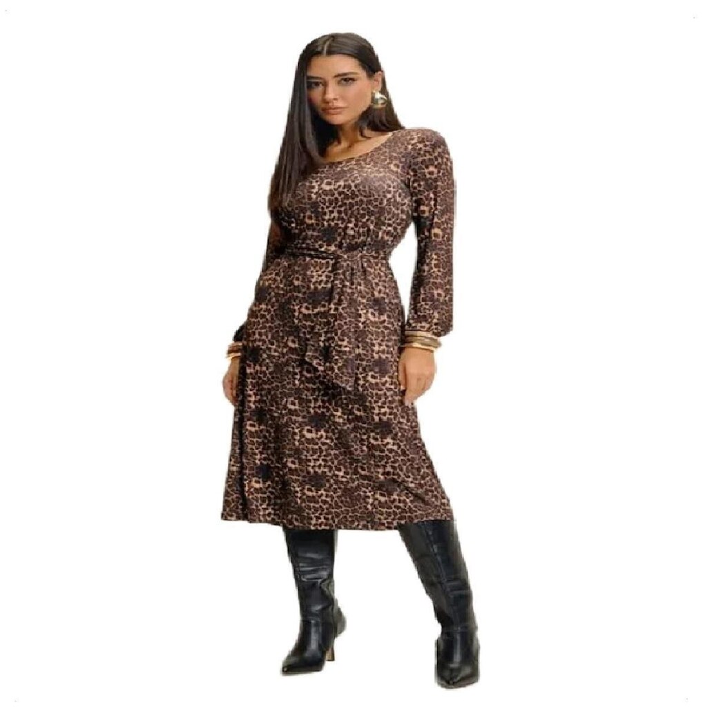 Vestido Midi Manga Longa Animal Print Onça Elegante Charmoso