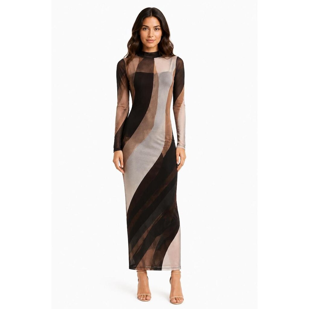 Vestido Midi Manga Longa D Bell Outlet Fashion Tule Estampado Preto