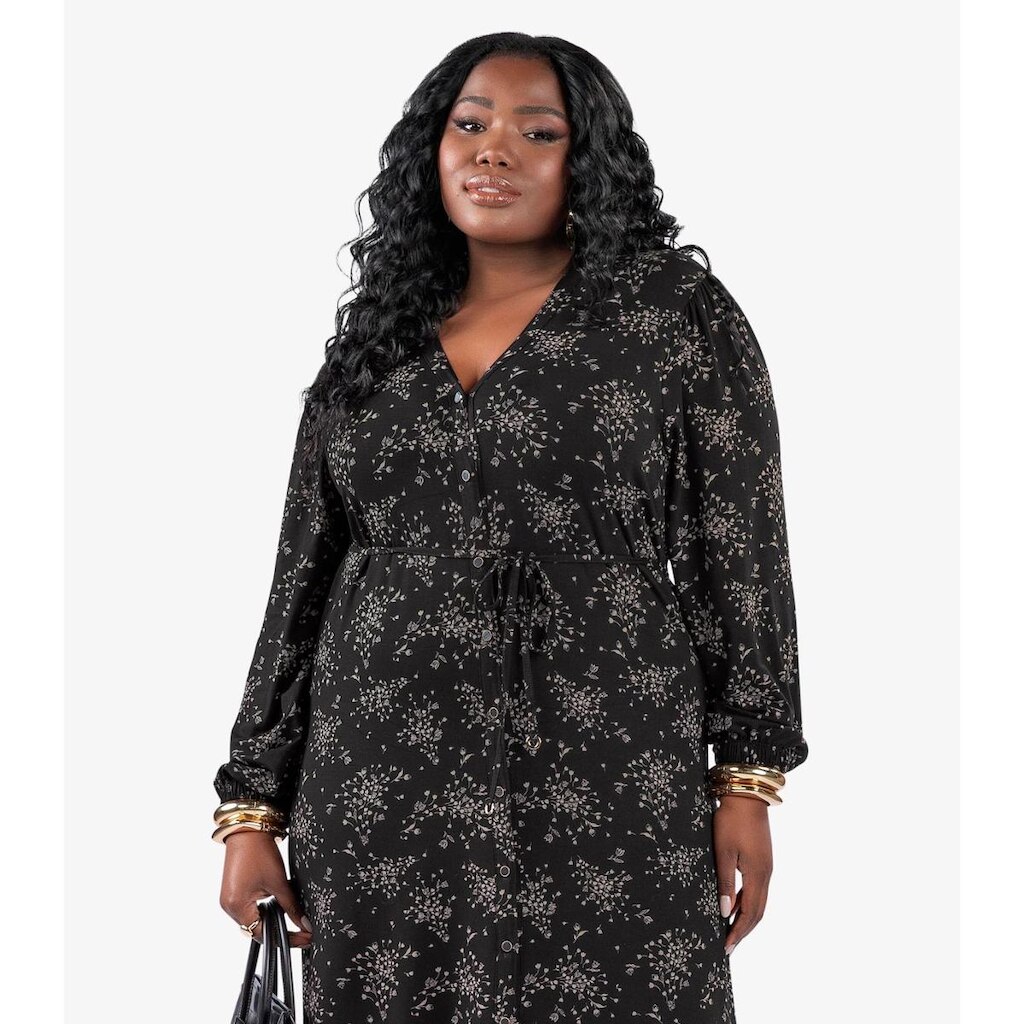 Vestido Midi Manga Longa Plus Size Secret Glam Preto