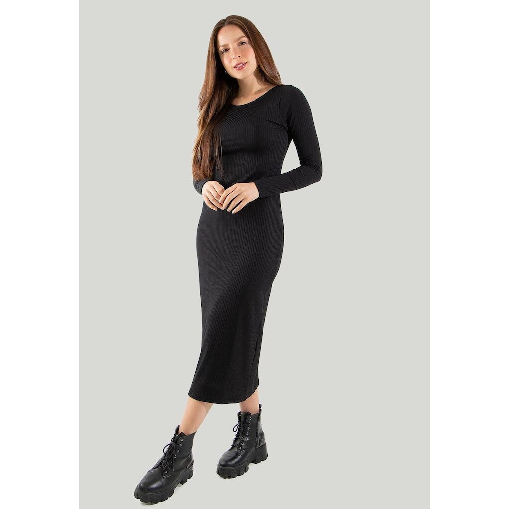 Vestido Midi Manga Longa Ribana Canelado