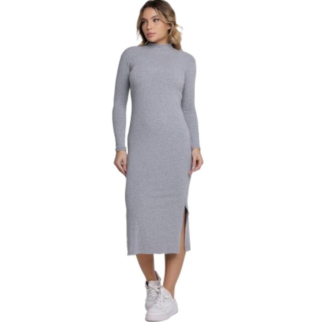 Vestido Midi Manga Longa Serra e Mar Modas Gola Alta Canelado Roupa Feminina