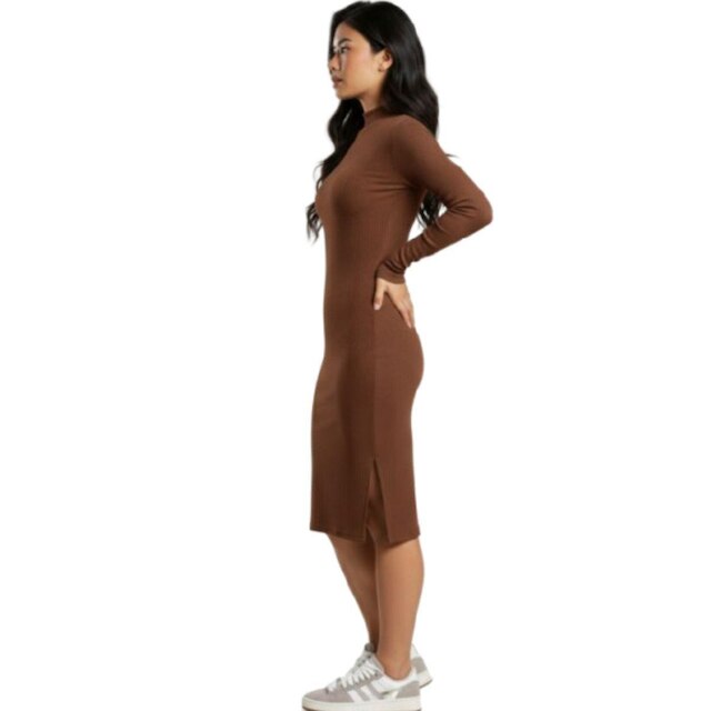 Vestido Midi Manga Longa Serra e Mar Modas Gola Alta Canelado Roupa Feminina