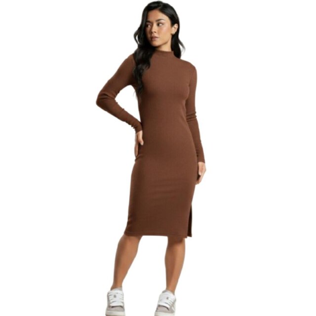Vestido Midi Manga Longa Serra e Mar Modas Gola Alta Canelado Roupa Feminina