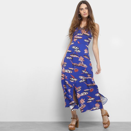 Vestido Midi Maria Filó Estampado com Fendas Feminino - Azul