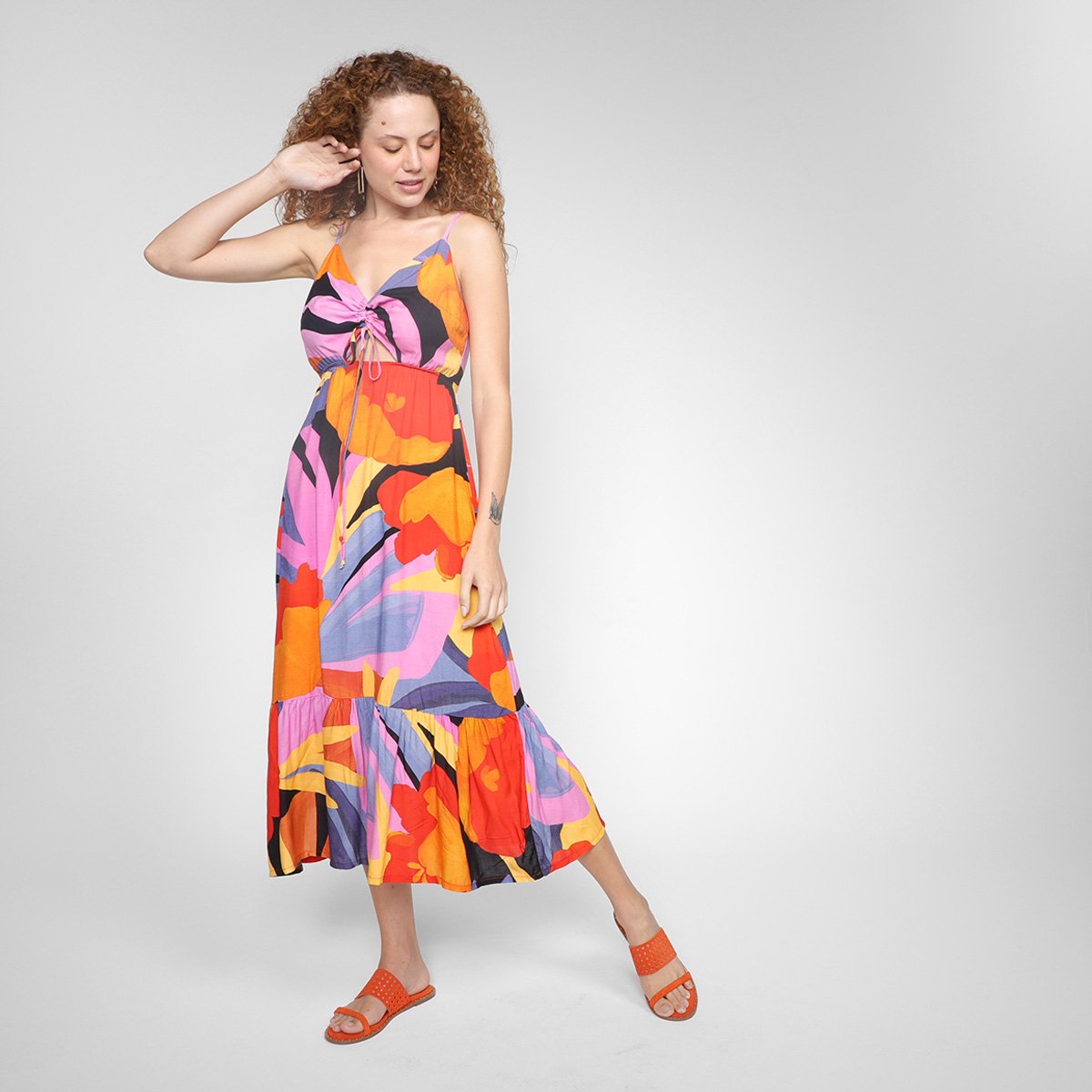 Vestido Midi Mercatto Estampado Buriti Feminino - Lilás Menor preço em Vestido Midi Mercatto Estampado Buriti Feminino - Lilás