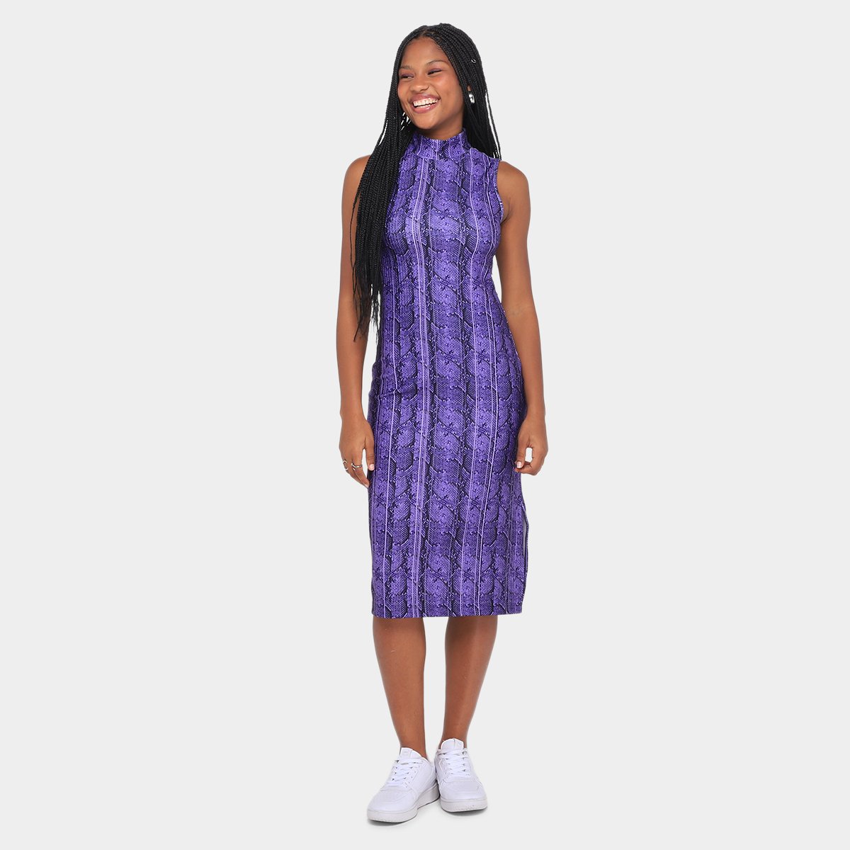 Vestido Midi Morena Rosa Gola Alta Feminino - Estampado Menor preço em Vestido Midi Morena Rosa Gola Alta Feminino - Estampado