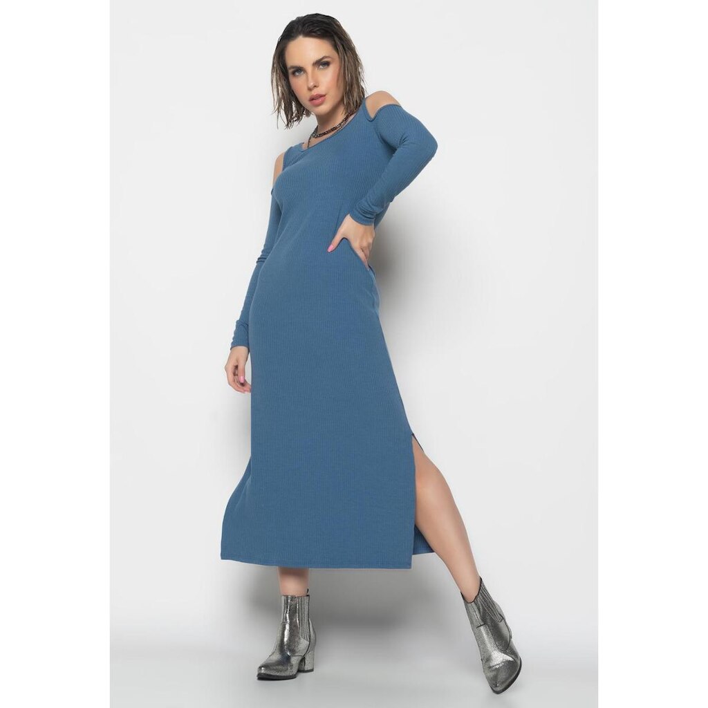 Vestido Midi Ombro Vazado Manga Longa Canelado Salvatore Fashion