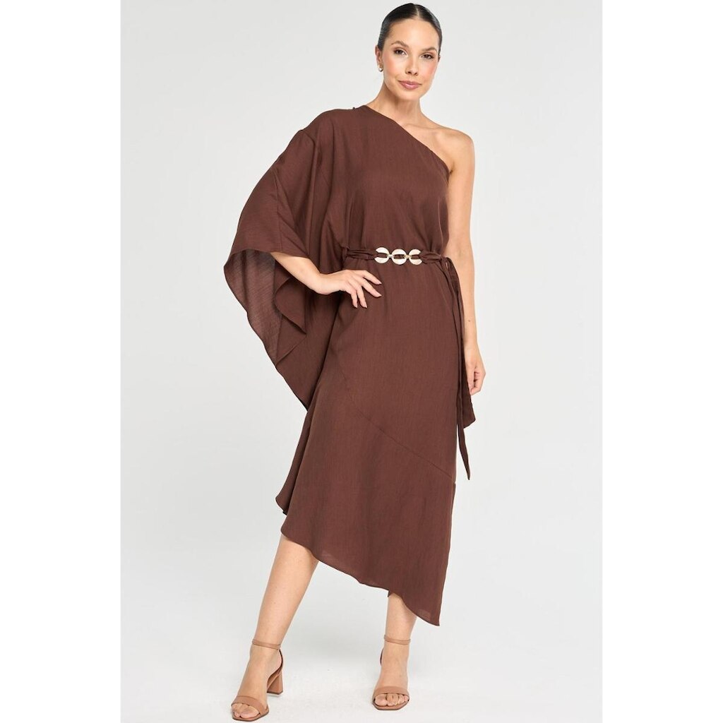 Vestido Midi PKS de Um Ombro Só Marrom