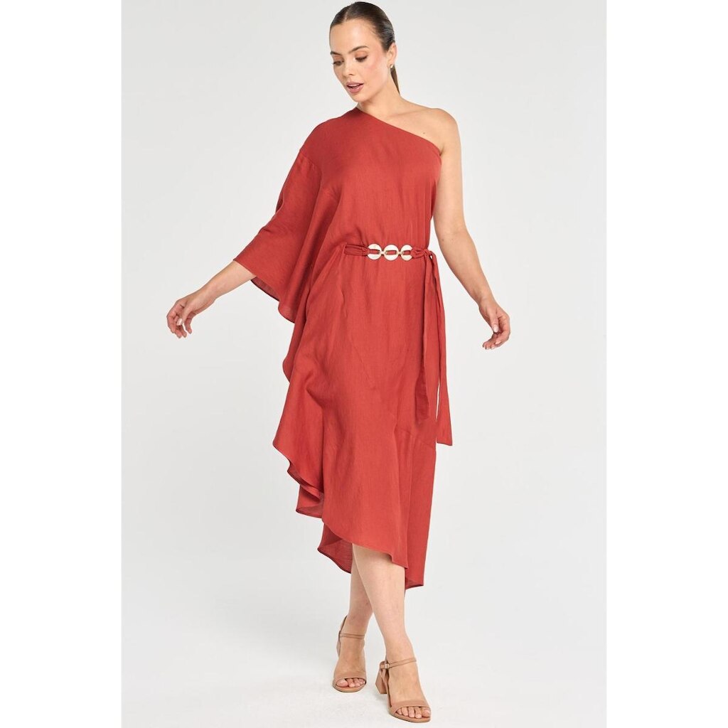 Vestido Midi PKS de Um Ombro Só Terracota