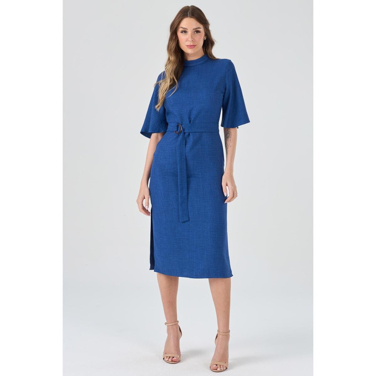 Vestido Midi PKS Mangas 3/4 Azul Royal-M Menor preço em Vestido Midi PKS Mangas 3/4 Azul Royal-M