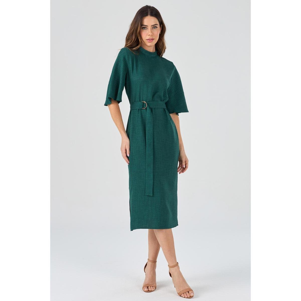 Vestido Midi PKS Mangas 3/4 Verde-GG Menor preço em Vestido Midi PKS Mangas 3/4 Verde-GG