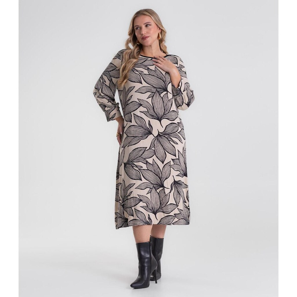 Vestido Midi Plus Size Manga 7/8 Secret Glam Bege