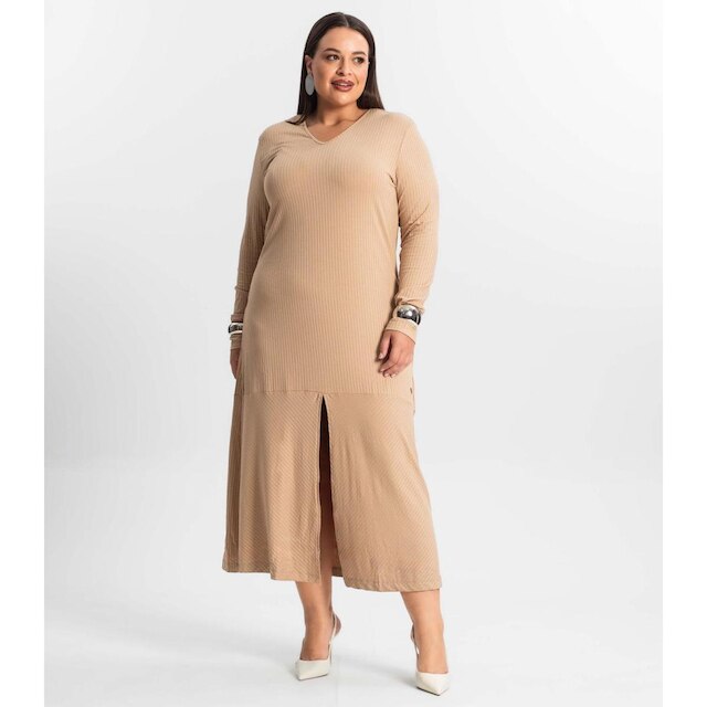 Vestido Midi Plus Size Manga Longa Secret Glam Marrom