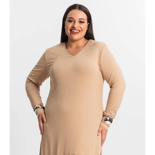 Vestido Midi Plus Size Manga Longa Secret Glam Marrom