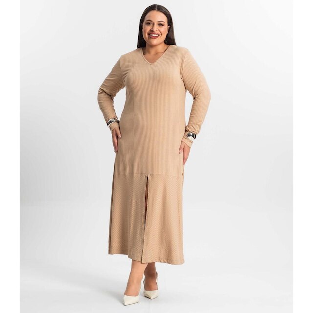 Vestido Midi Plus Size Manga Longa Secret Glam Marrom