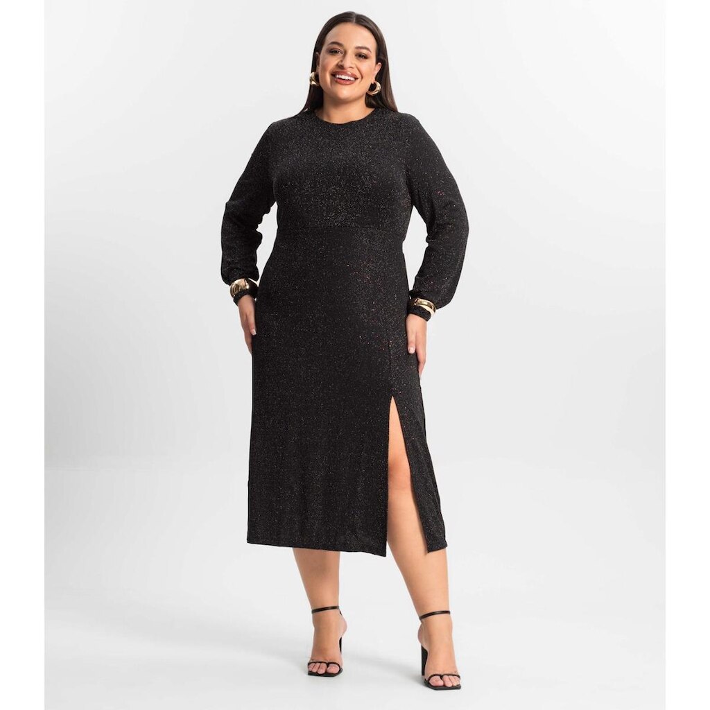 Vestido Midi Plus Size Manga Longa Secret Glam Preto