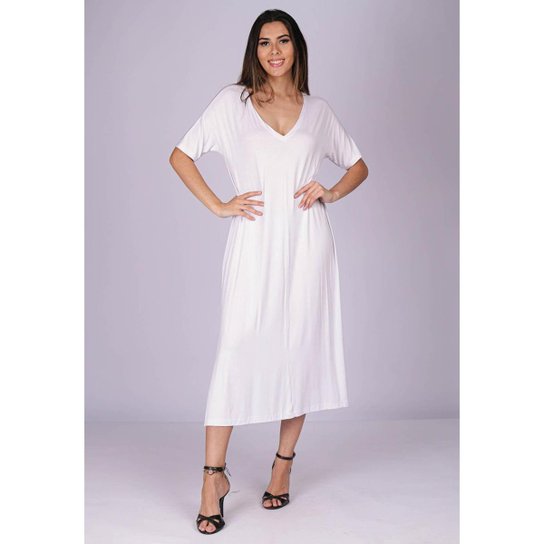 Vestido Midi Reto Malha Branco - Único - Veste 38 ao 48 - Branco