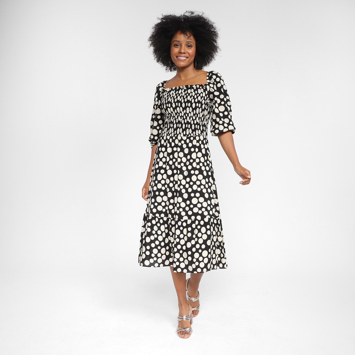 Vestido Midi The Style Box Evasê Poá - Preto Menor preço em Vestido Midi The Style Box Evasê Poá - Preto