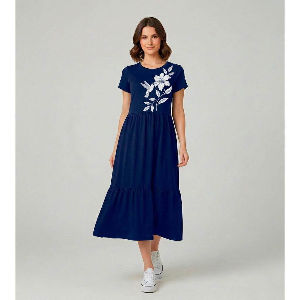 Vestido Midi Três Marias Feminino Aveloz Estampa Beija Flor Azul Marinho