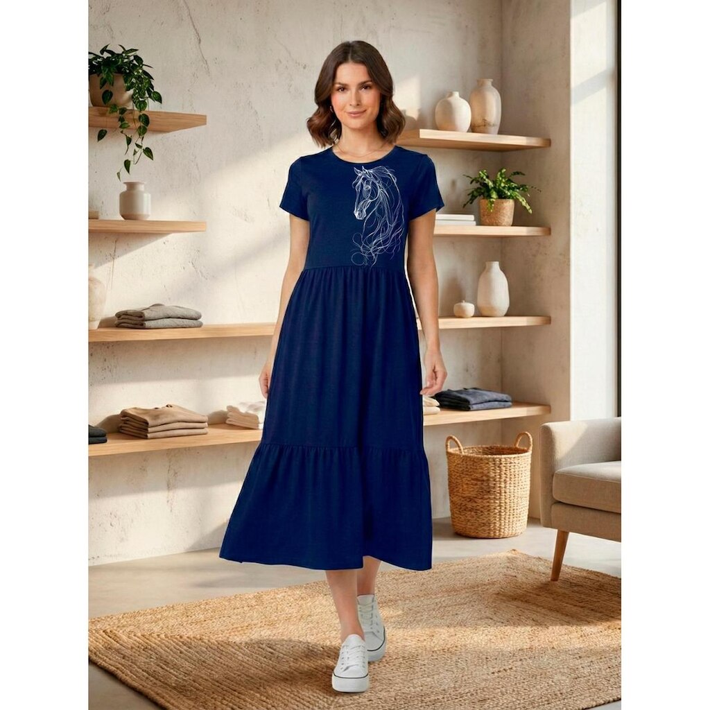 Vestido Midi Três Marias Feminino Aveloz Estampa Cavalo Azul marinho