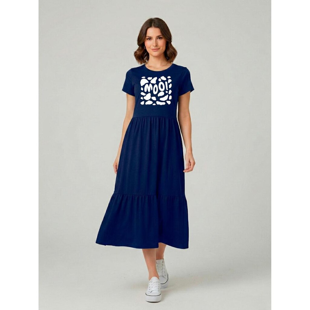 Vestido Midi Três Marias Feminino Aveloz Estampa Moo! Azul marinho