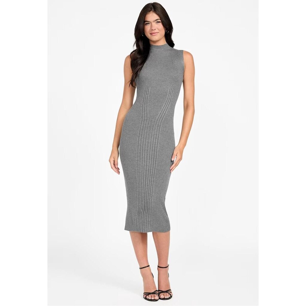 Vestido Midi Tricot Canelado Eco Cinza