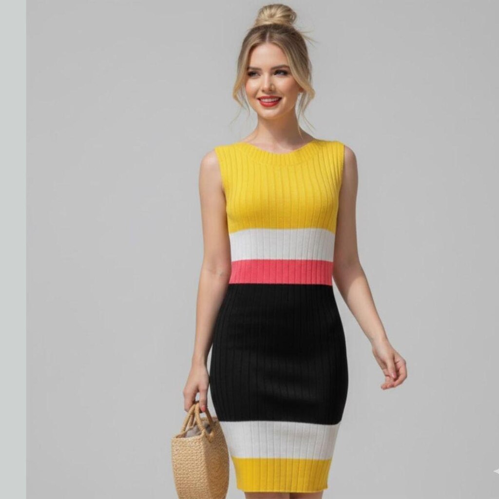 Vestido Midi Tricot Listrado Gola Canoa