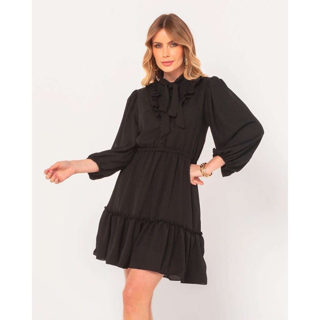 Vestido Miss Misses Crepe Manga Bufante Babado Preto - G