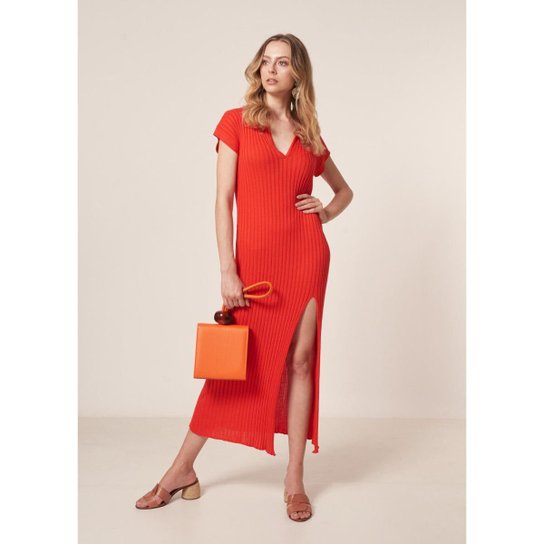 Vestido Mob Midi Tricot Gola Polo Pepper Feminino - Vermelho