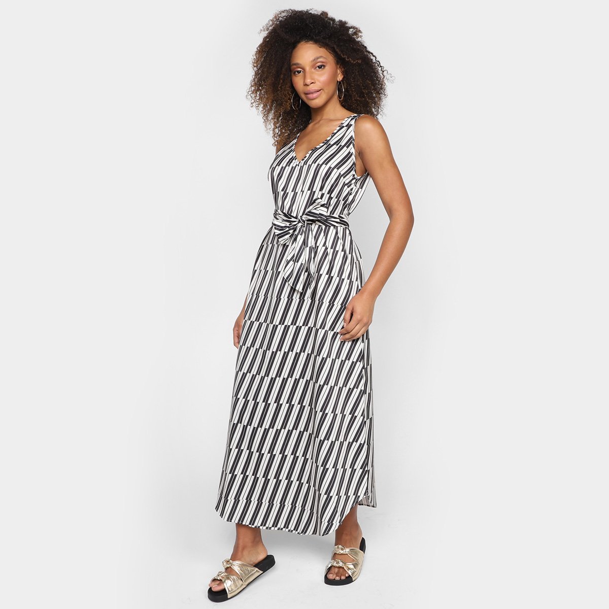 Vestido Morena Rosa Midi Decote V Com Faixa - Preto+Areia Menor preço em Vestido Morena Rosa Midi Decote V Com Faixa - Preto+Areia