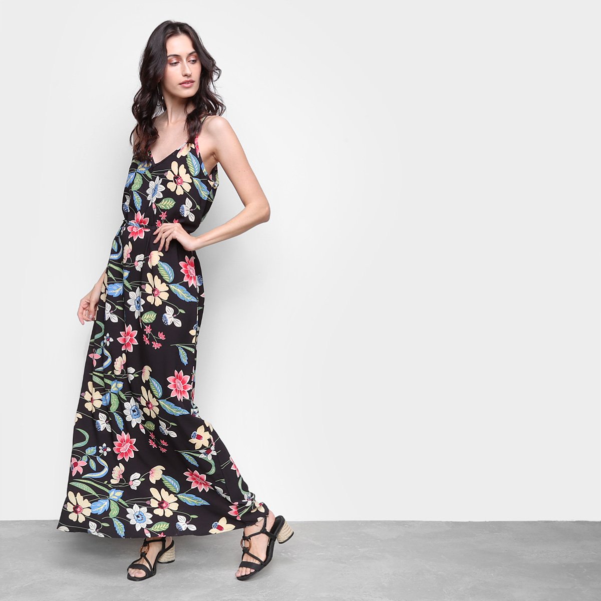 Vestido MS Fashion Longo Floral Amarração - Preto+Amarelo é boa?