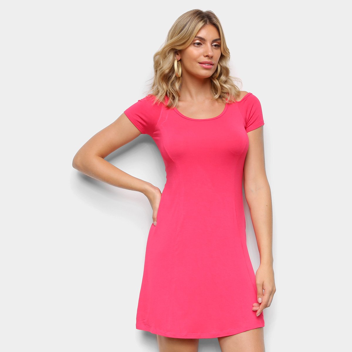 Vestido Naif Evasê Curto Recorte Na Manga Básico - Pink Menor preço em Vestido Naif Evasê Curto Recorte Na Manga Básico - Pink