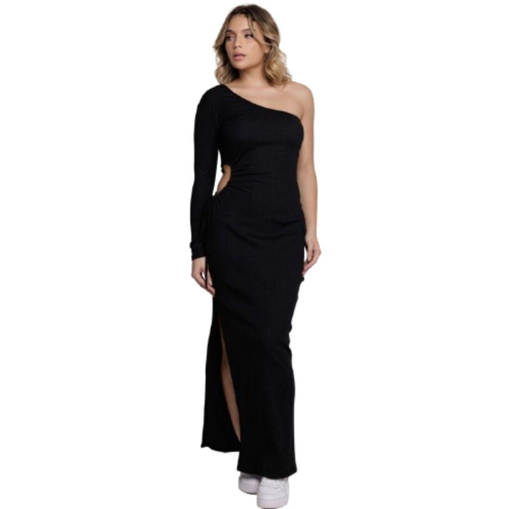 Vestido Ombro Canelado Bella Fiore Longo Com Fenda Blogueira Feminino Moda Casual