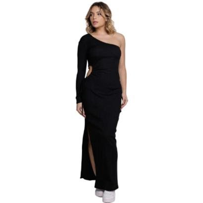 Vestido Ombro Canelado Vekyo Longo Com Fenda Blogueira Feminino Moda Casual
