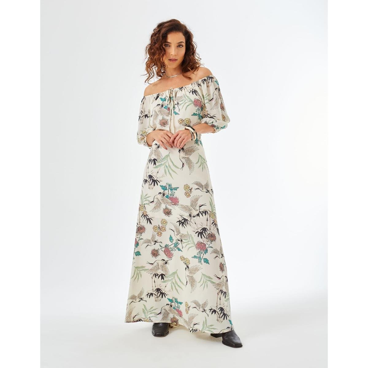 Vestido Pássaro Oriental Longo PP - OFF WHITE - Branco Menor preço em Vestido Pássaro Oriental Longo PP - OFF WHITE - Branco