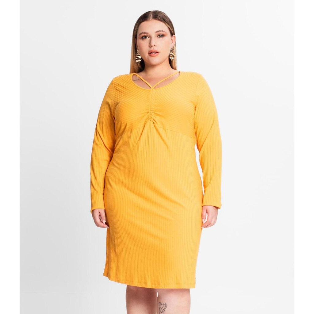 Vestido Plus Size Em Ribana Canelada Secret Glam Amarelo
